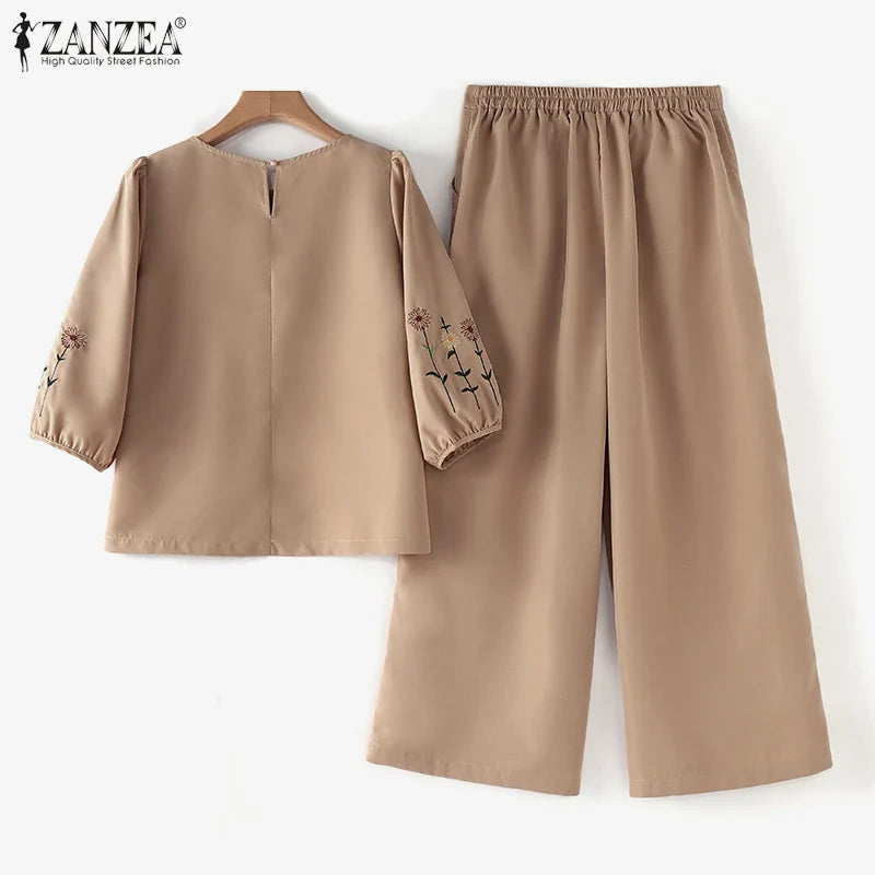 ZANZEA Fashion Women 3/4 Sleeve Embroidery Blouse Pants Sets Autumn 2PCS Floral Tracksuit Casual Loose Wide Leg Trousers Suits