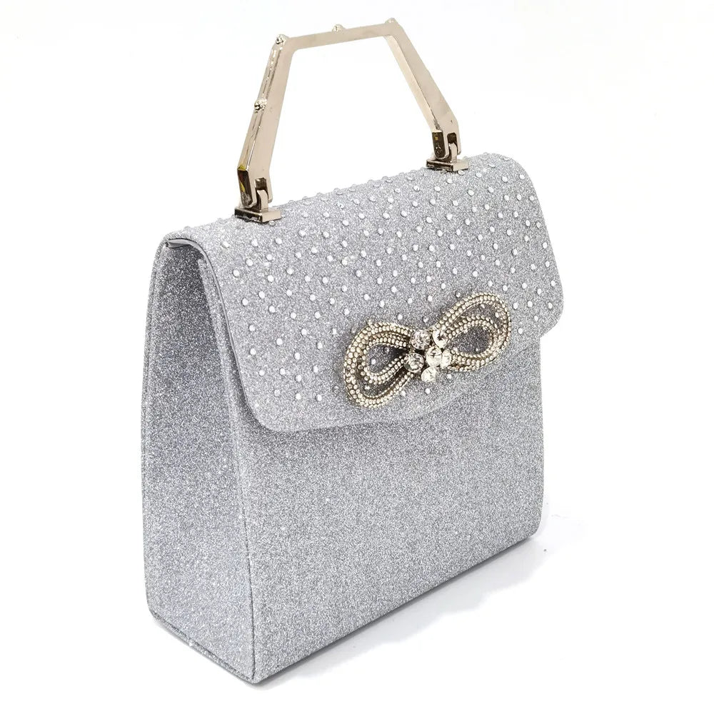 The Latest Style Rhinestone Bow Side Empty Party High Heels Pointed Toe Stiletto Heels Silver Women's Shoes And Bags