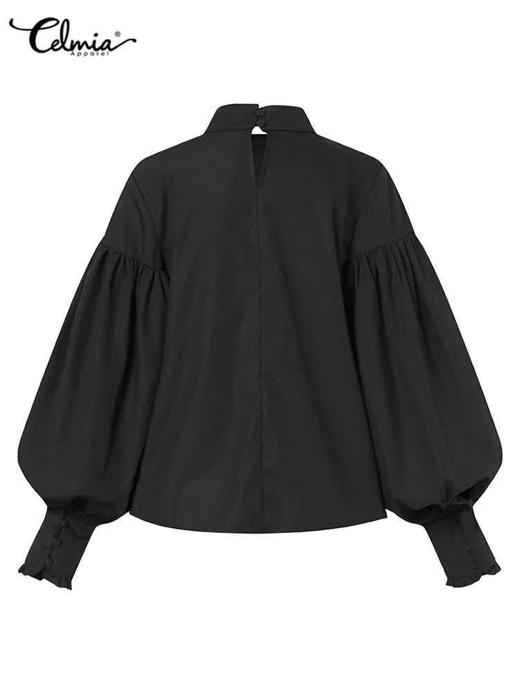 ZANZEA Fashion Shirts and Blouses for Women Purple Tops 2024 Elegant Long Lantern Sleeve Autumn Solid Color Chic Blusa Oversized