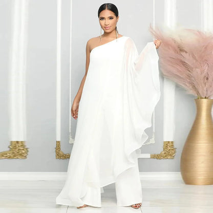 White Wide Leg Party Jumpsuit Sexy Women One Shoulder Elegant Solid Ruffles Casual Overalls Rompers