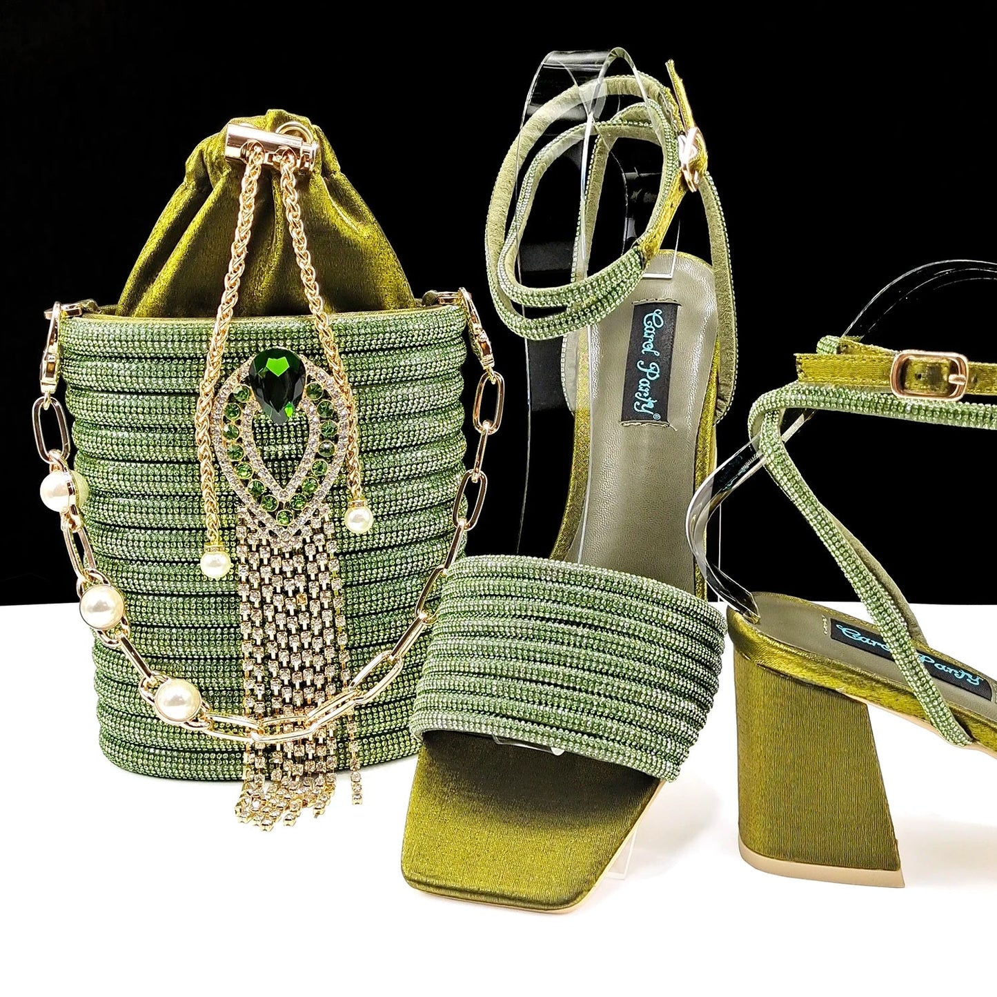 Newest Olive Colour Personalized  Design Rhinestone Decoration High Heel Peep Toe Banquet Ladies Shoes And Bag Set