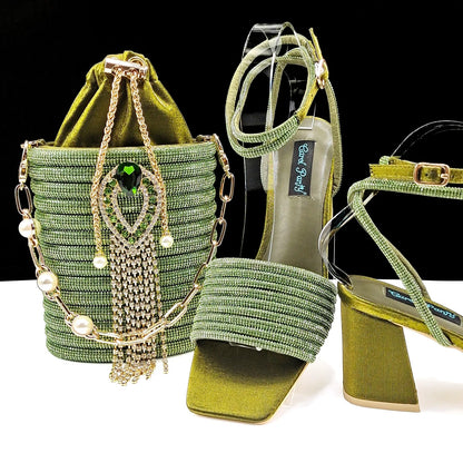 Newest Olive Colour Personalized  Design Rhinestone Decoration High Heel Peep Toe Banquet Ladies Shoes And Bag Set