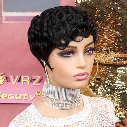 Short Pixie Wigs for Black Women Short Black Curly Pixie Wigs Synthetic Hair Wigs for Black Women Natural Wavy Black Pixie Cut W