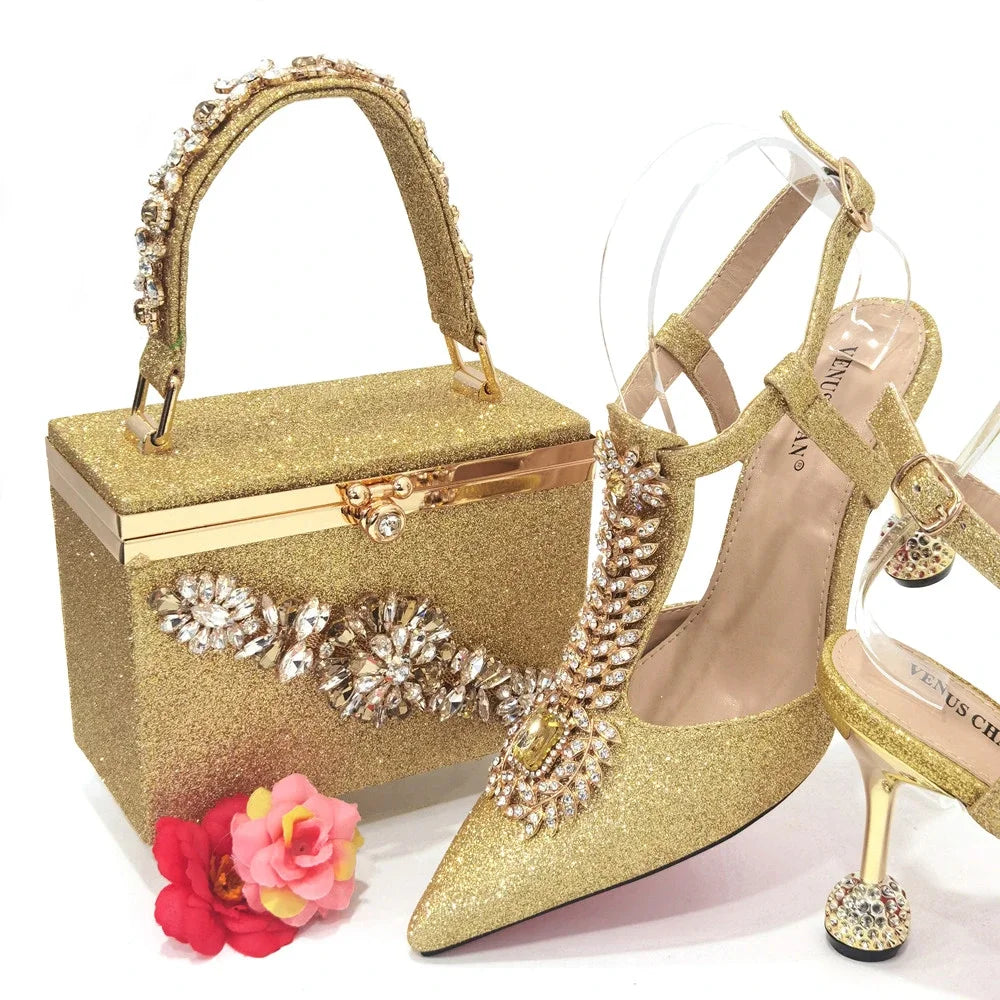 Venus Chan 2023 Italian Design Girly Style Pointed Toe Wedding Shoes And Bag, Full Diamond Decoration Metal Closure Bag