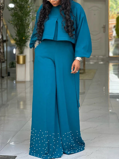 two piece sets women outfits o neck long lantern sleeve tops Embroidered Flares wide leg trousers fashion casual party Pant Sets