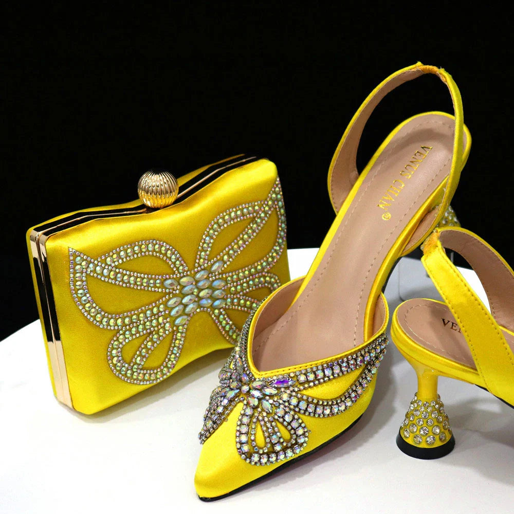Venus Chan 2023 Yellow Classy Bowknot Pointed Toe Women's Shoes High Heel Elegant Sandals Shallow Mouth Shoes Bag Set Women