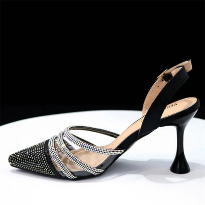 Venus Chan Shoes for Women 2023 Pointed Toe Black Heels Rhinestone Chain Party Sandals Italian Shoes and Bags Matching Set 2023