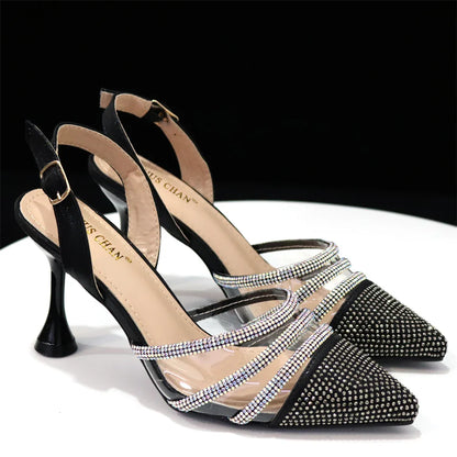 Venus Chan Shoes for Women 2023 Pointed Toe Black Heels Rhinestone Chain Party Sandals Italian Shoes and Bags Matching Set 2023