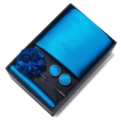 Top Grade Fashion 8 cm Wide Tie Sets Blue Stripe Men's Gravata Handkerchief Cufflink Box Fit Group Workplace Wedding Tie