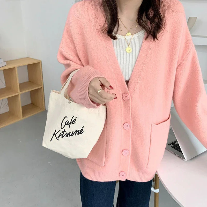 Rimcoy 2025 Chic Yellow Sweater Cardigan Women Lazy Wind Single-Breasted Knitted Cardigan Women Solid V Neck Cardigans Female
