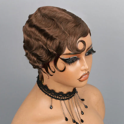 Short Finger Wave Wig Human Hair Wigs For Women 180% Density Brown Short Ocean Wave Wig Pixie Cut Wigs for Woman Natural Look