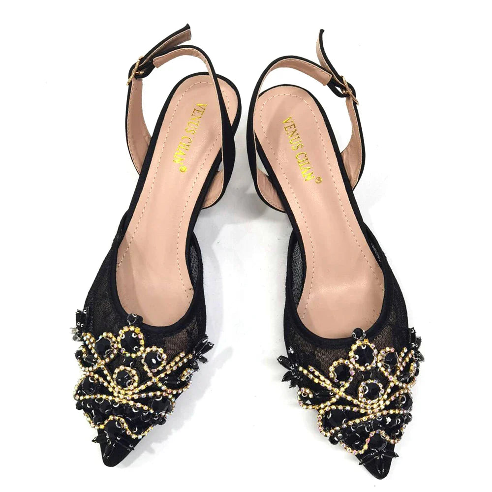 Venus Chan Nigerian Elegant Lace Net Style Green Crystal Low Heel Shoes And Three-Dimensional Mini Bag Commuter Women's Shoes