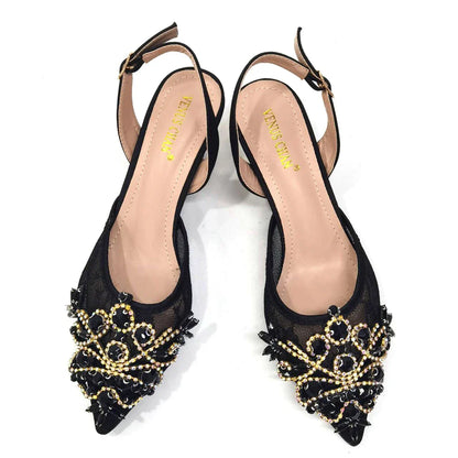 Venus Chan Nigerian Elegant Lace Net Style Green Crystal Low Heel Shoes And Three-Dimensional Mini Bag Commuter Women's Shoes