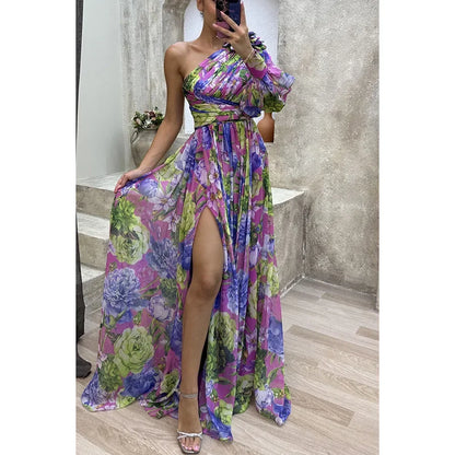 Women's S-XL Size Autumn and Winter Gathering New Casual Split Dress INS Loose Multi Color Slanted Shoulder Fashion Slimming