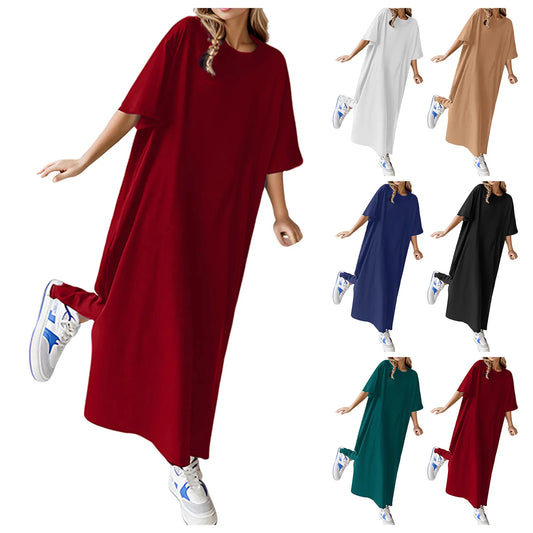 Summer Solid Color T Shirt Dress Casual Short Sleeved Loose Dresses Round Neck Slit Maxi Dress For Women Elegant Vestidos 2024