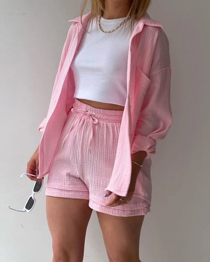 Women's Short Sets 2 Pcs Sale Grass Green Loose Button Cardigan Blouse Coats & Drawstring Wide Leg Loose Short Pant Suits