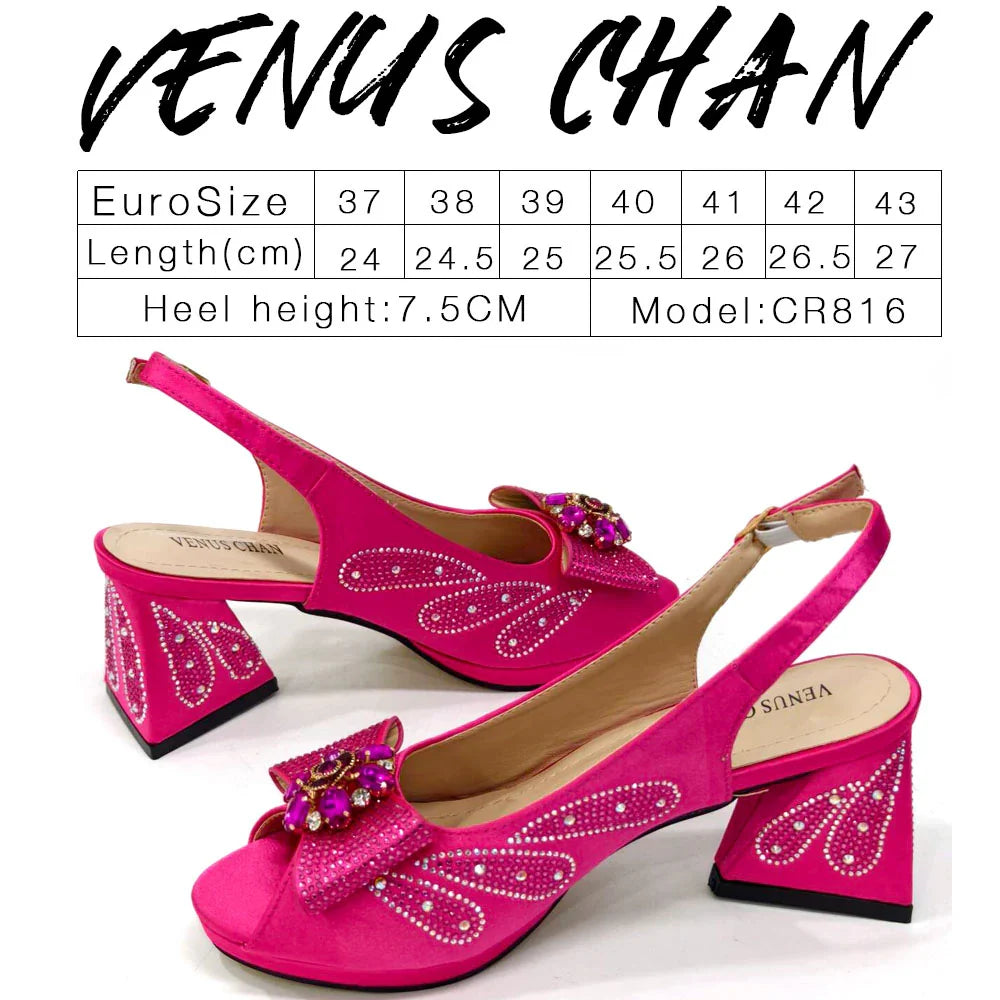 Venus Chan-Italian Shoes and Bags Matching Set for Women Bow Rhinestones Peep Toe High Heels Purple Color Nigerian Party 2024