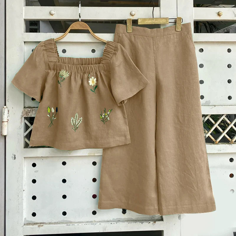 ZANZEA Women Short Sleeve Square Collar Tops Elastic Waist Pant Sets Summer Outfits Elegant Floral Embroidery Two Piece Suts