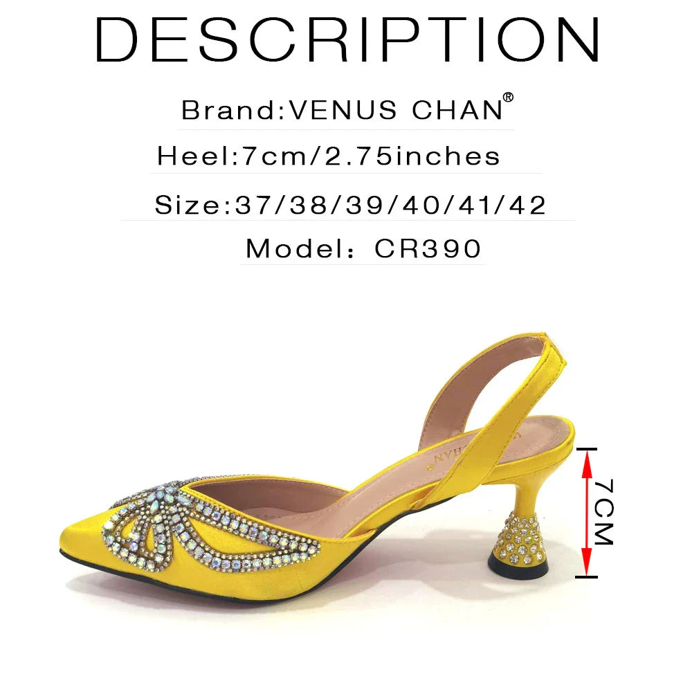 Venus Chan 2023 Yellow Classy Bowknot Pointed Toe Women's Shoes High Heel Elegant Sandals Shallow Mouth Shoes Bag Set Women