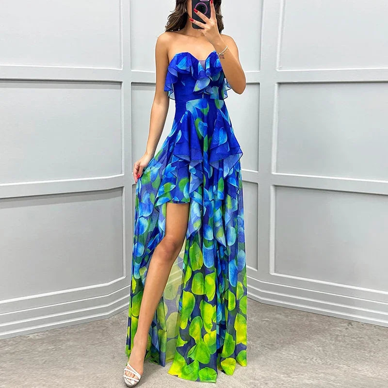 Women Sexy Strapless Ruffle Irregular Maxi Dress Spring Print Mesh Pleated Long Dress Summer Off Shoulder Backless Party Dresses