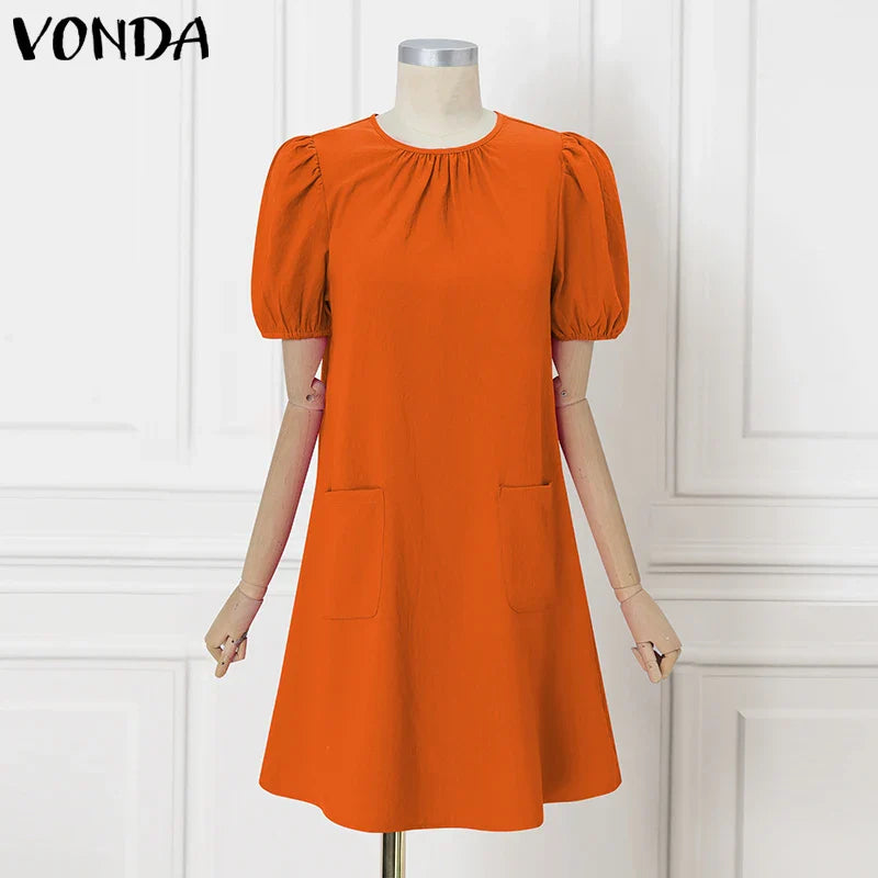 VONDA Women Party Dress Solid Color Casual Office Work Mini Sundress 2025 Summer Female O Neck Vestidos Oversized Loose Robe