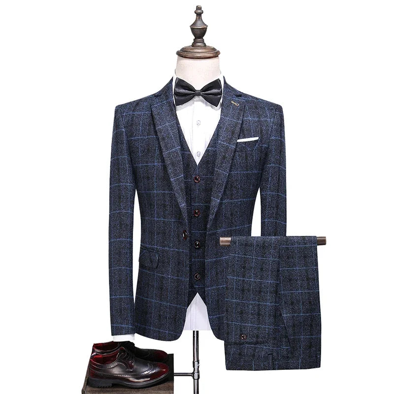 Traje De Hombre Elegante (Blazer+ Vest + Pants) Men's Fashion Business Gentleman Wedding Casual Plaid Cotton Linen British Suit