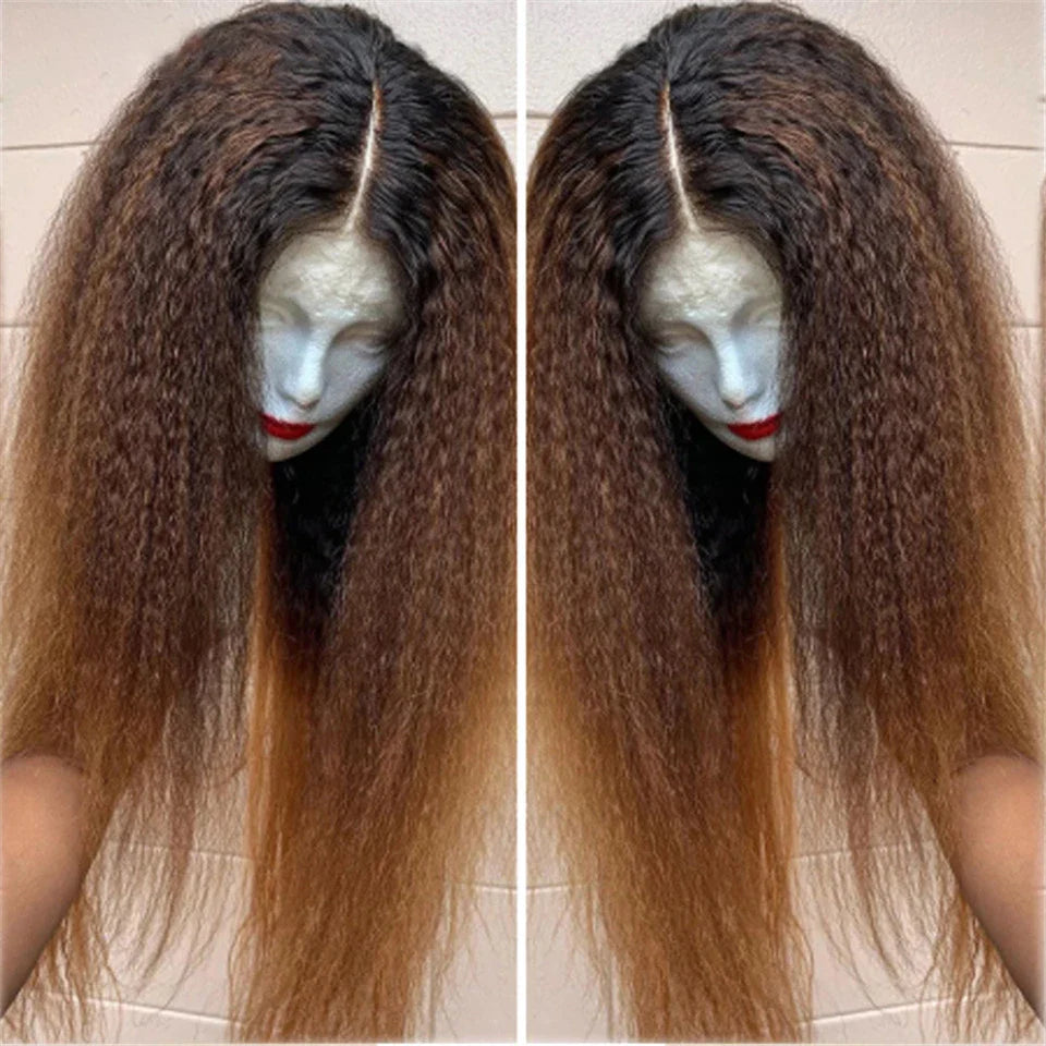 Soft Yaki 26”Long Ombre Brown Blonde Kinky Straight 180Density Deep Lace Front Wig For Black Women Synthetic Babyhair Preplucked