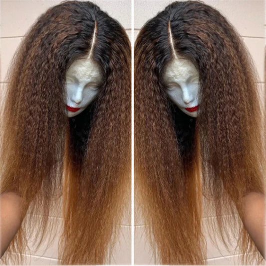 Soft Yaki 26”Long Ombre Brown Blonde Kinky Straight 180Density Deep Lace Front Wig For Black Women Synthetic Babyhair Preplucked