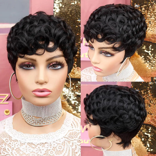 Short Pixie Wigs for Black Women Short Black Curly Pixie Wigs Synthetic Hair Wigs for Black Women Natural Wavy Black Pixie Cut W