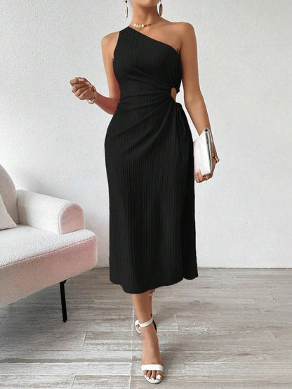 Spring and Summer Elegant Sexy Sleeveless Single Shoulder Diagonal Neck Solid Color Slit Dress Women Summer Dress 2025