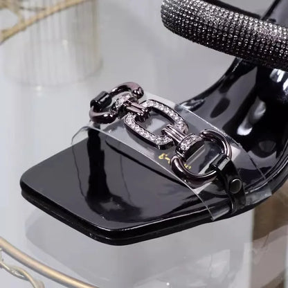 Womens Slippers with Middle Heel Open Toes Anti Slip Rhinestones Chain Buckle 2025 New Summer Outdoor PU Fashion Slippers