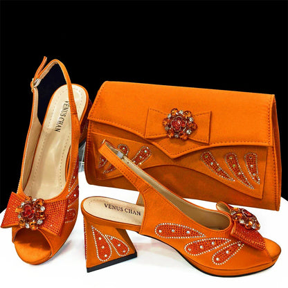 Venus Chan-Italian Shoes and Bags Matching Set for Women Bow Rhinestones Peep Toe High Heels Purple Color Nigerian Party 2024