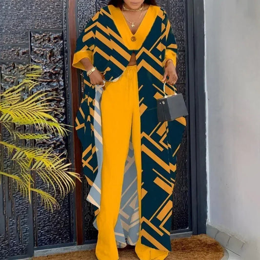 Shirt Drawstring Trousers Women Casual Long Printed Dress Suit Fashion V-neck Loose 3/4 Sleeve Long Shirt Top Pants Sets