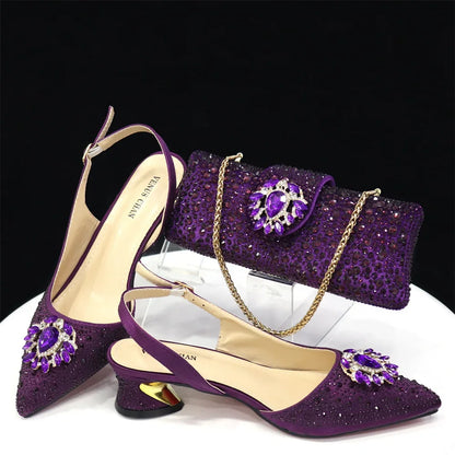 New Arrival Fashion Shoes Matching Bag Set Royal Blue Color Decorated with Crystal Ladies Wedding Party Women High Heel