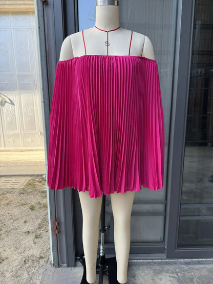 Women's Sexy One Shoulder Pleated Chiffon Long Sleeve Shorts 2 Piece Fashion Loose Shawl Sleeves Elegant Female Beach Shorts Set