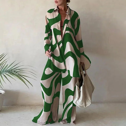 Women Set Autumn Long Sleeve Lapel Printed Casual Fashion Elegant Beach Loose Wide Leg Trousers Ladies Two Piece Suits Pant Sets