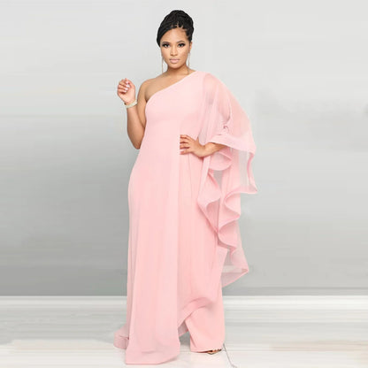 White Wide Leg Party Jumpsuit Sexy Women One Shoulder Elegant Solid Ruffles Casual Overalls Rompers