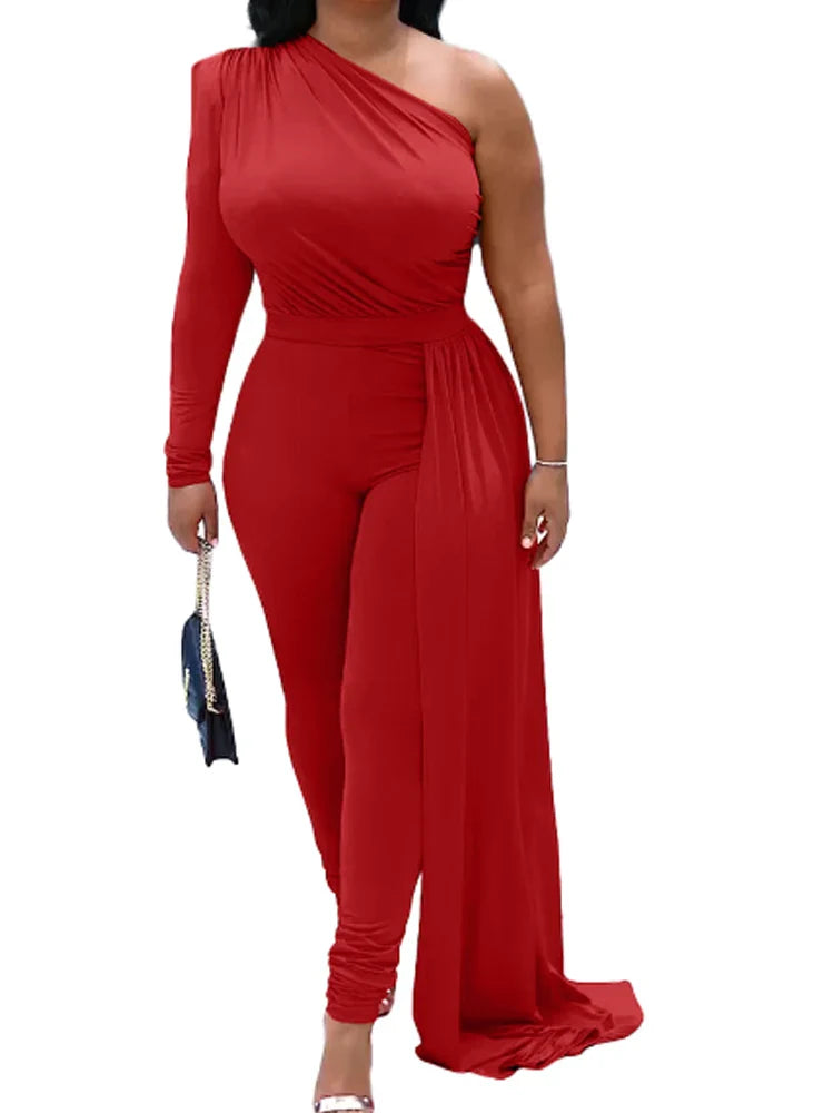 Red Puff Sleeve One Shoulder Long Sleeve Jumpsuits
