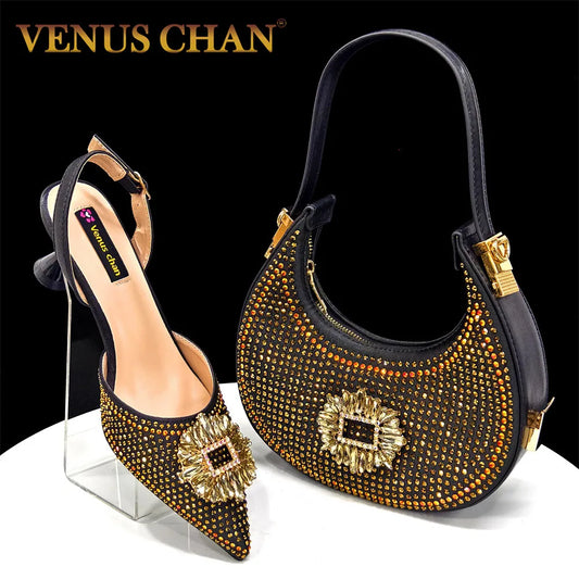 Venus Chan Luxury Rhinestone Heel & Handbag Set – Black & Gold Party Combo