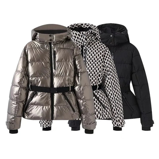 Women's warm skiing series waist down cotton jacket winter new hooded slim fit jacket jacket
