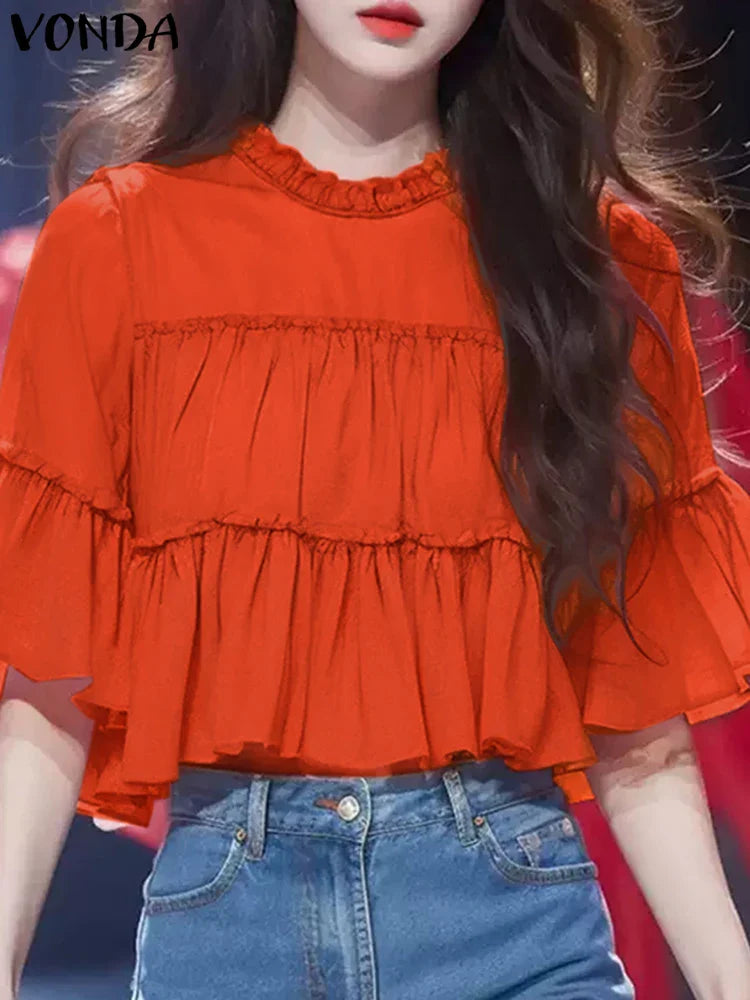 VONDA Women Ruffled Shirts 2025 Casual Flare Sleeve Tops Bohemian Blusas Solid Color Elegent Blouse Female Summer Tunic Oversize
