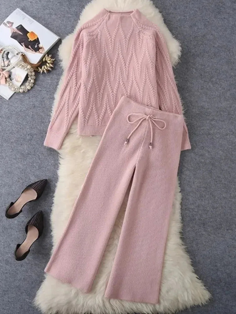 Winter Fall Knit 2 Piece Sets Half High Collar Warm Sweater Outfit Wide Leg Loose Pant Suits Solid Color Soft Korean Tracksuit