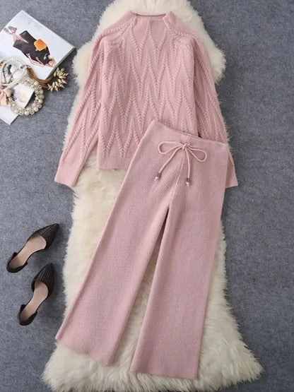 Winter Fall Knit 2 Piece Sets Half High Collar Warm Sweater Outfit Wide Leg Loose Pant Suits Solid Color Soft Korean Tracksuit