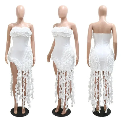Women Strapless Ruffles Tassel Splicing Irregular Birthday Bodycon Midi Maxi Dress 2025 Even Sexy Party Dresses Vestidos