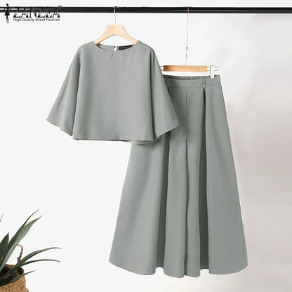 ZANZEA 2PCS Women Summer Pant Sets Casual Solid Work Outfits 3/4 Sleeve Blouse Wide Leg Trousers Suit 2025 Fashion Matching Sets