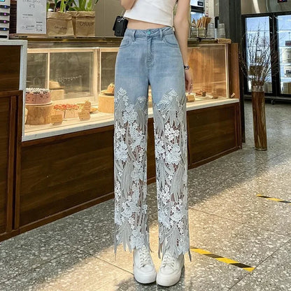 Pants for Woman and Capris Straight Leg with Rhinestones Transparent Women's Jeans Lace Grunge Spring Pant Vintage Trousers