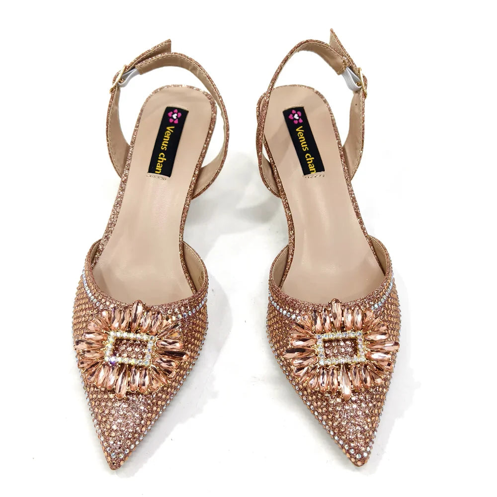 Venus Chan Luxury Rhinestone Heel & Handbag Set – Black & Gold Party Combo