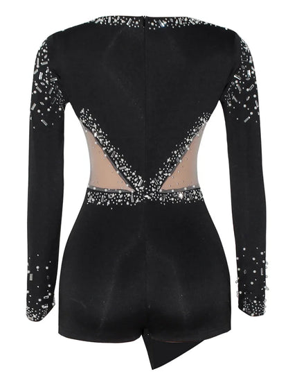 Women Sexy Rompers V-Neck Mesh Rhinestone Skinny Long Sleeve Playsuits