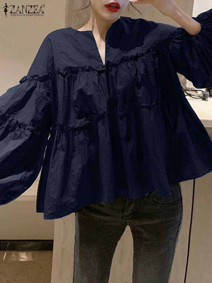 ZANZEA Fashion Women Long Puff Sleeve Blouse Autumn Spring Eelgant Shirt Ruffles Blusas Femininas Mujer Party Work Tops Tunic