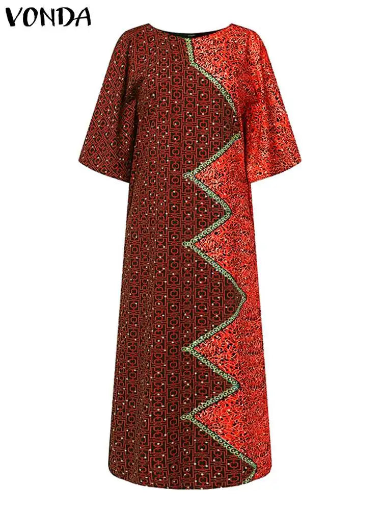 VOND Party Maxi Dress Women Elegant Printed Vestido 2024 Autumn Bat-wing Sleeve Bohemian Sundress Casual Loose Robe Femme
